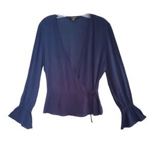 Concepts New Work Wrap Blouse Womens Medium Blue Silver Shimmer Stripes